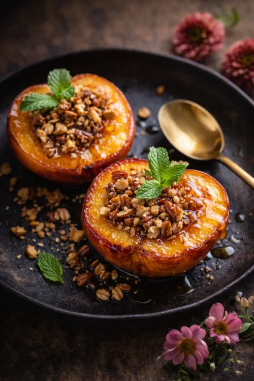 roasted peaches with nut crunch and honey on a dark plate
