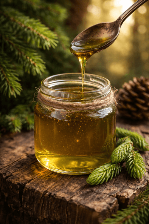 homemade spruce tip syrup dripping from spoon in glass jar rustic forest style