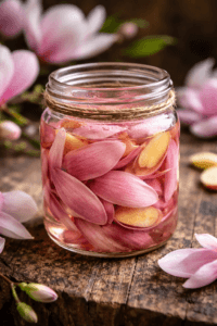 pink magnolia petal pickles in glass jar with ginger aesthetic floral food