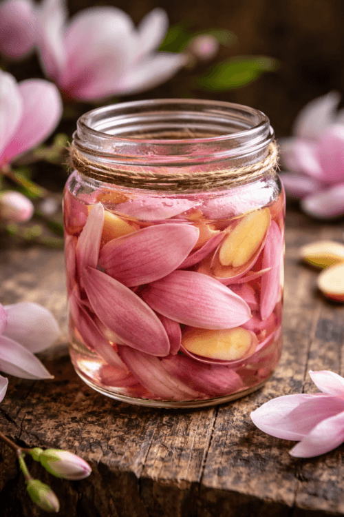 pink magnolia petal pickles in glass jar with ginger aesthetic floral food