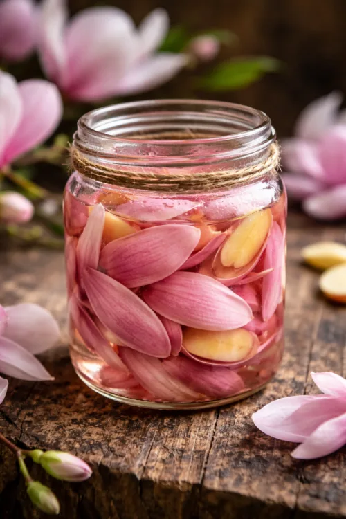 pink magnolia petal pickles in glass jar with ginger aesthetic floral food