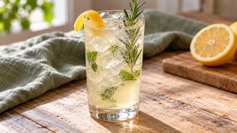Herbal garden cocktail with ice, mint, rosemary and lemon peel in a tall glass.