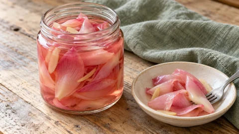 Pink pickled magnolia petals with ginger in a glass jar, with a small serving alongside.