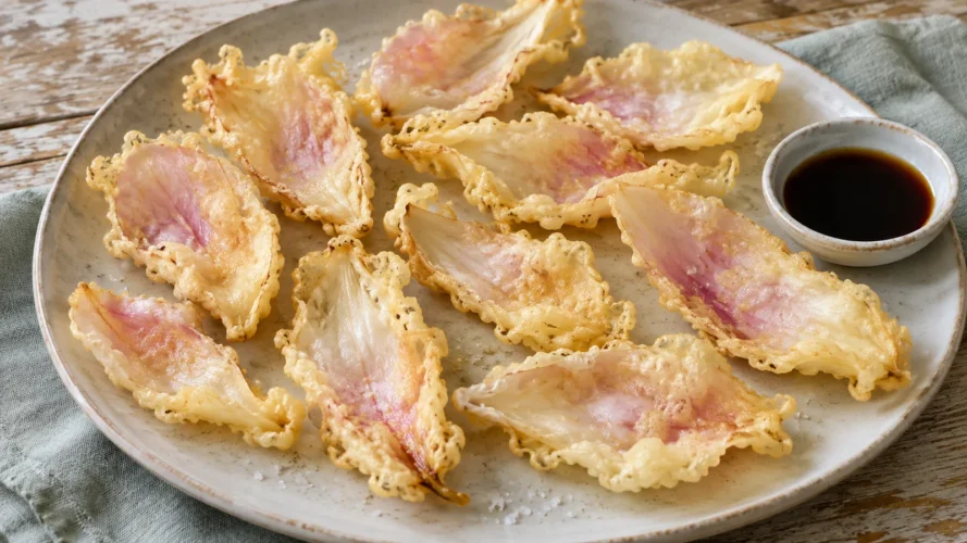 Magnolia petal tempura on a ceramic plate with soy dipping sauce.