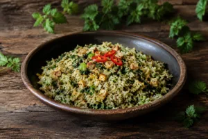 homemade nettle fried rice with egg sesame and spring onion