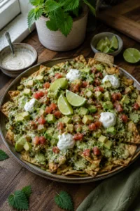 loaded nachos with creamy nettle cheese sauce avocado tomatoes and sour cream