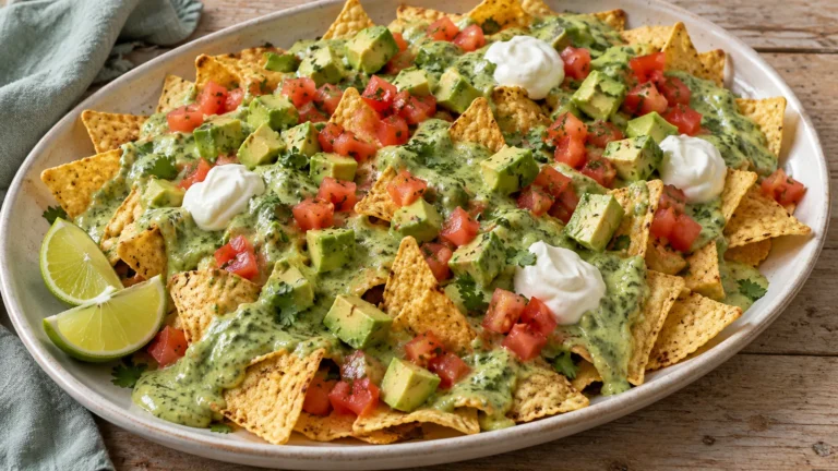 Tortilla chips with green nettle cheese sauce, avocado, tomatoes, sour cream and lime wedges.
