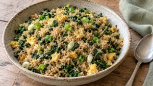 Nettle fried rice with scrambled egg, spring onions and sesame seeds in a ceramic bowl.