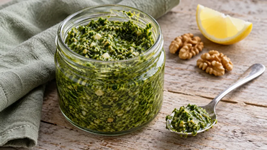 Homemade nettle pesto in a glass jar with a spoonful of pesto, walnuts and a lemon wedge alongside.