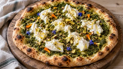 Nettle pesto pizza topped with torn burrata, pistachios, lemon zest and edible flower petals.