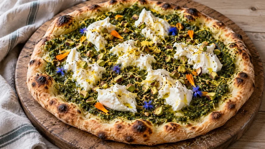 Nettle pesto pizza topped with torn burrata, pistachios, lemon zest and edible flower petals.