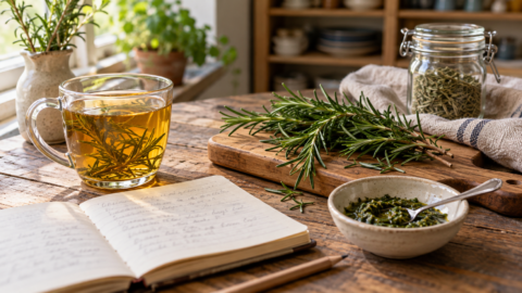 Fresh rosemary, herbal tea and an open recipe notebook on a wooden kitchen table.