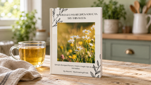 10 Wild & Easy Recipes ebook cover beside a cup of herbal tea on a rustic kitchen table.